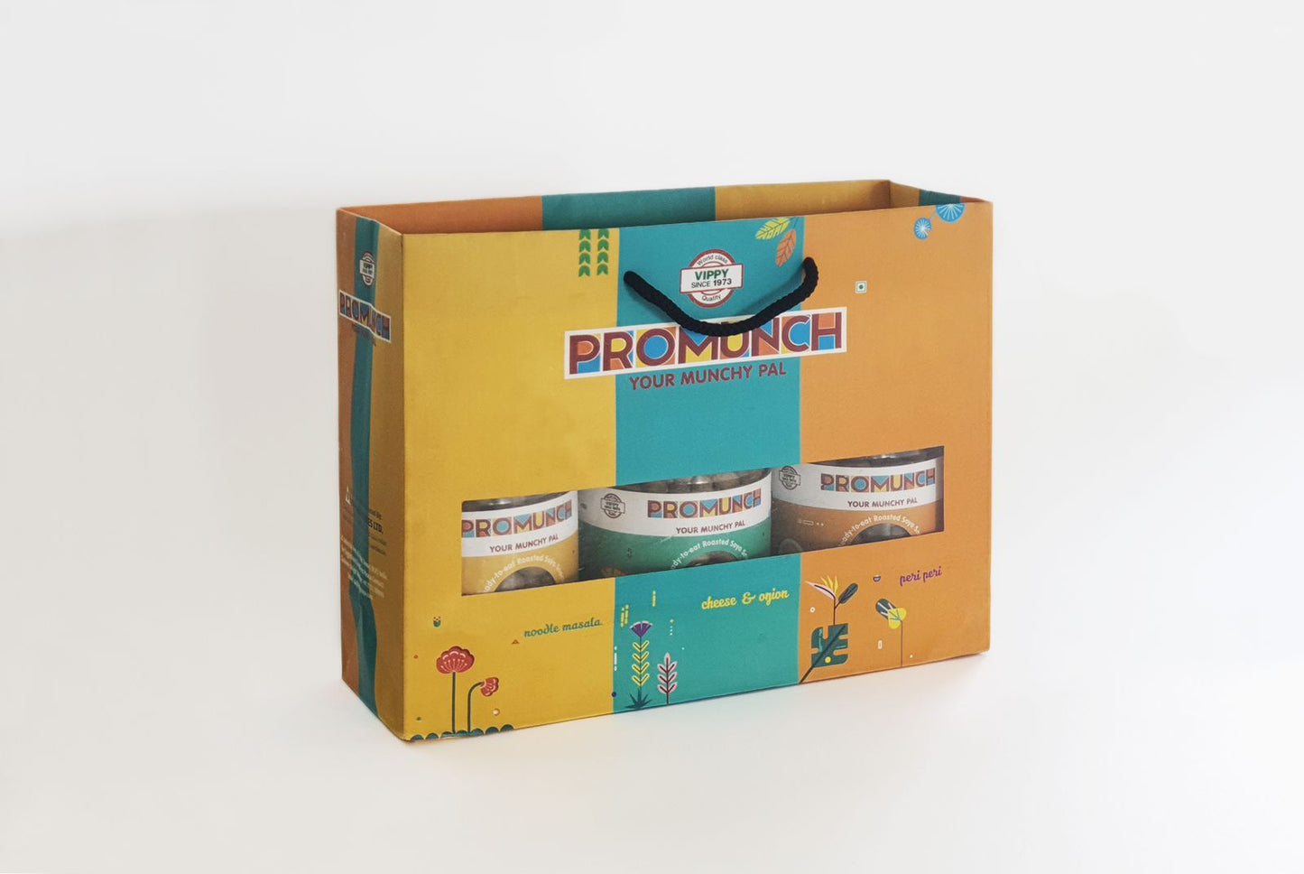 A beautifully arranged gift pack of PROMUNCH soya snacks, perfect for sharing health and happiness with everyone.