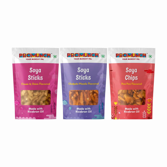 PROMUNCH Combo Pack - Soya Sticks (Chatpata Masala , Cream Onion) + Soya Chips (Peri Peri) - 30g Each
