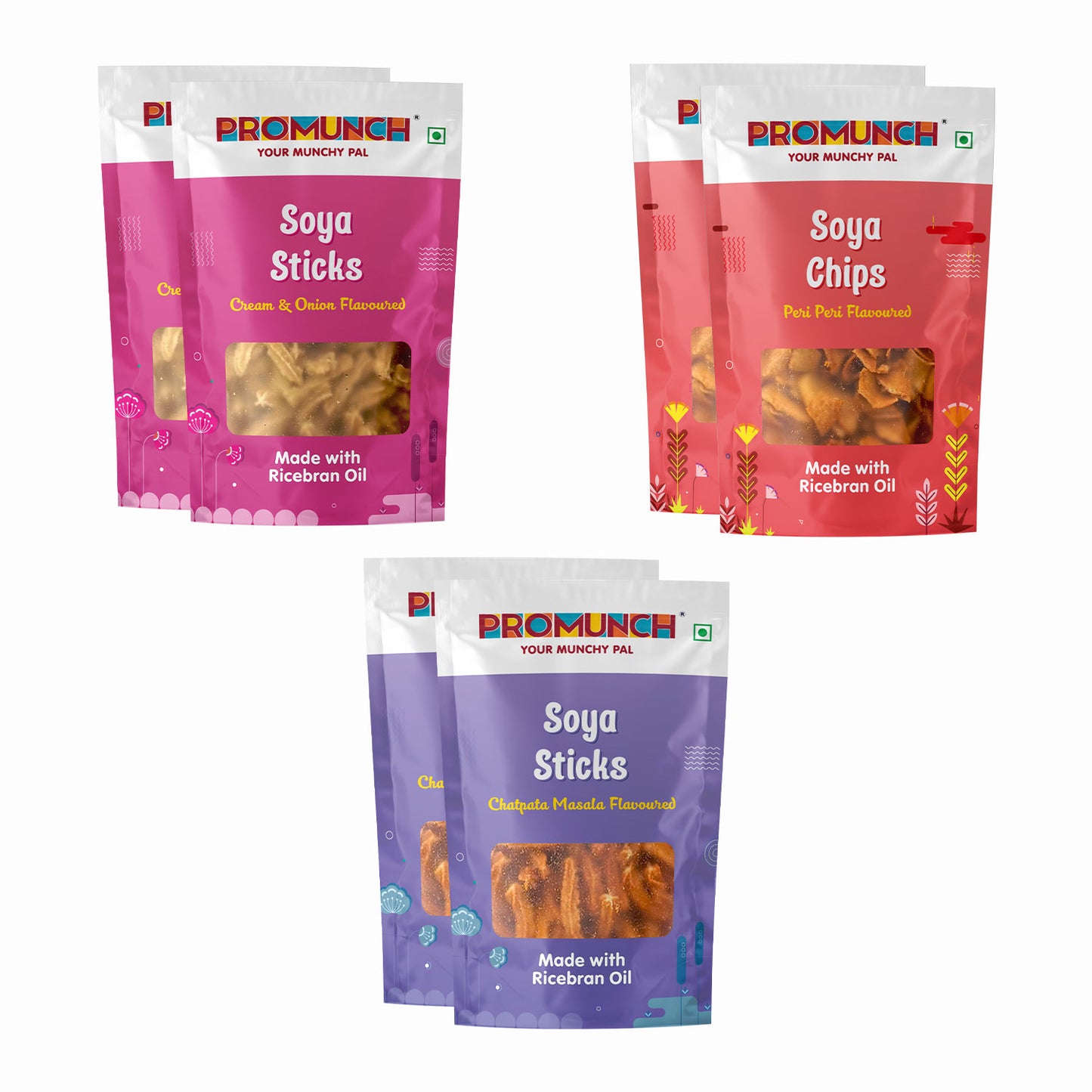 PROMUNCH Combo Pack - Soya Sticks (Chatpata Masala , Cream Onion) + Soya Chips (Peri Peri) - 30g Each