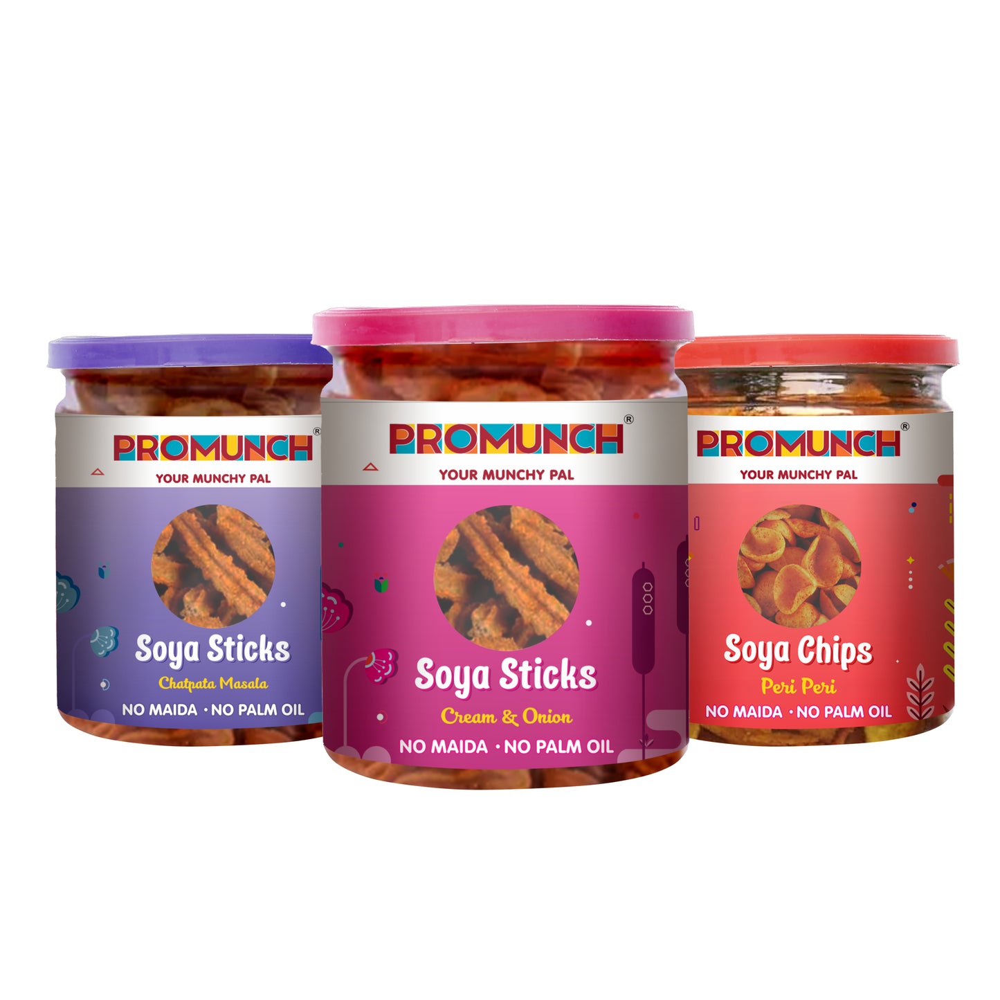 PROMUNCH Combo Pack - Soya Sticks (Chatpata Masala , Cream Onion) + Soya Chips (Peri Peri) - Pack  of 3; 100g Each