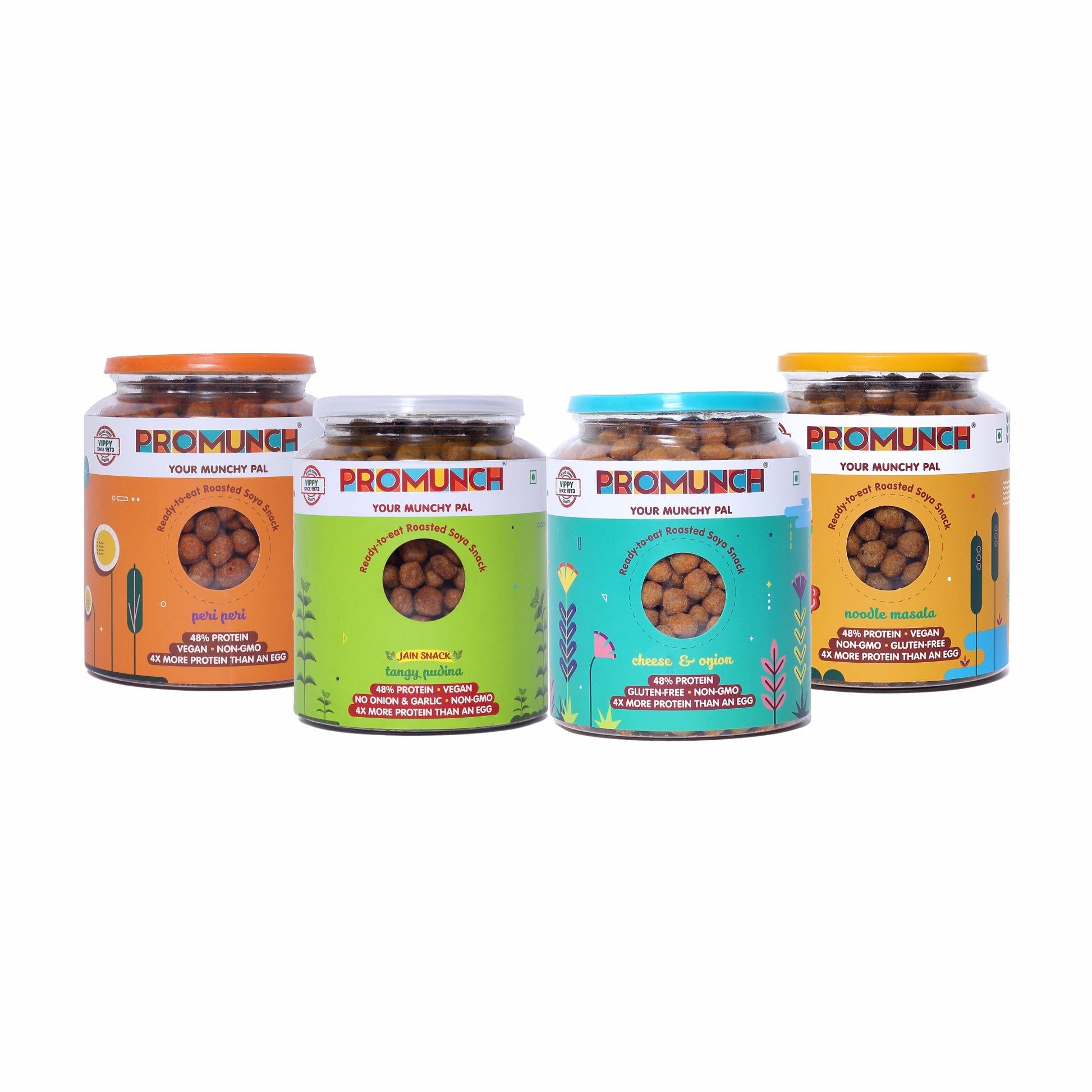 Protein-Packed Noodle Masala Soya Snack - Perfect for Dieting	Spicy Peri Peri Soya Nuts - Protein-Packed and Delicious	Soya Tangy Pudina - Protein-Rich, Gluten-Free Snack	Soya Cheese & Onion Chunks - Protein-Rich, Oil-Free Snack