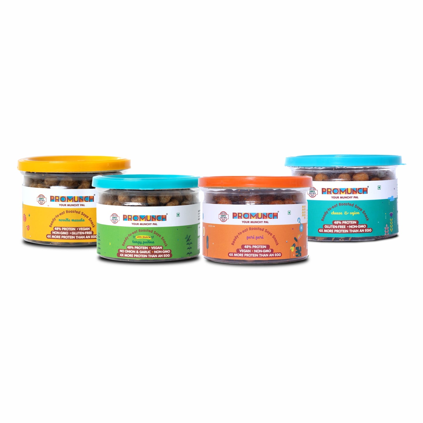 Protein-Packed Noodle Masala Soya Snack - Perfect for Dieting Spicy Peri Peri Soya Nuts - Protein-Packed and Delicious Soya Tangy Pudina - Protein-Rich, Gluten-Free Snack Soya Cheese & Onion Chunks - Protein-Rich, Oil-Free Snack