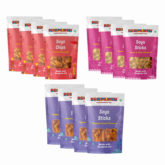 PROMUNCH Combo Pack - Soya Sticks (Chatpata Masala-4 , Cream Onion -4) + Soya Chips (Peri Peri-4) - Pack  of 12; 30g Each