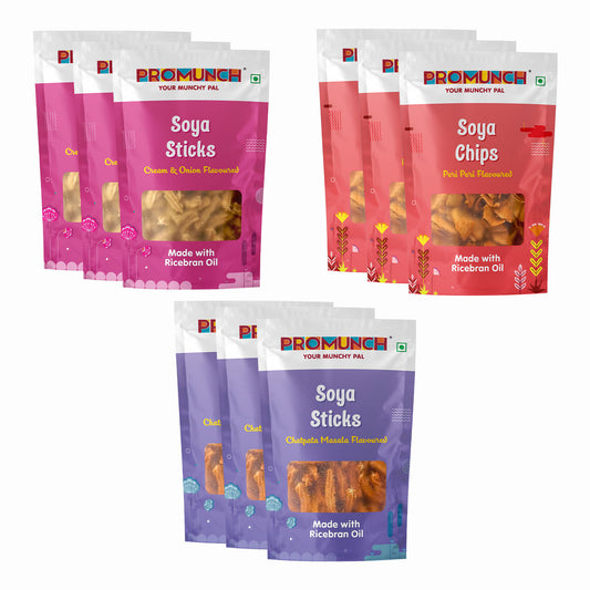 PROMUNCH Combo Pack - Soya Sticks (Chatpata Masala-3 , Cream Onion - 3) + Soya Chips (Peri Peri-3 ) - Pack  of 9; 30g Each