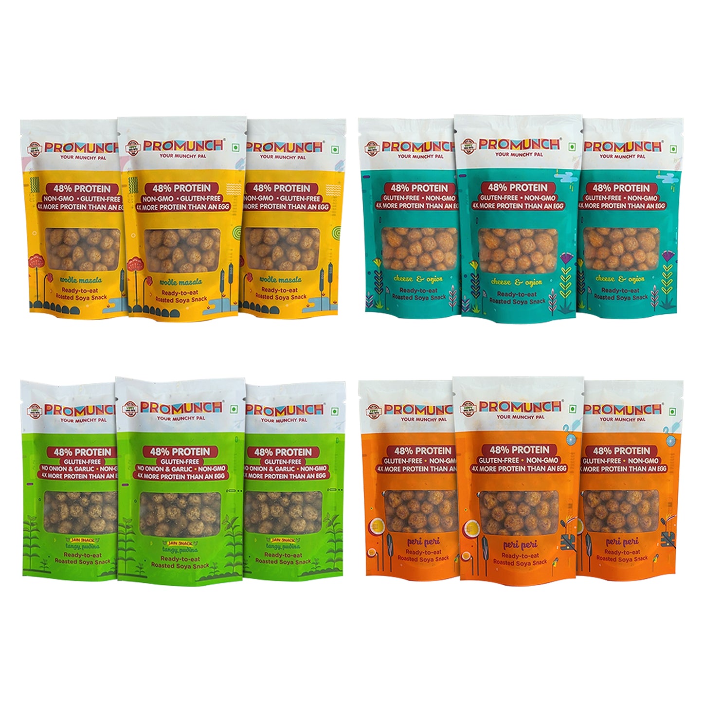 PROMUNCH Travel Combo Pack (Cheese&Onion-3,Peri Peri-3,Noodle Masala-3,Tangy Pudina-3) 30 gm Each