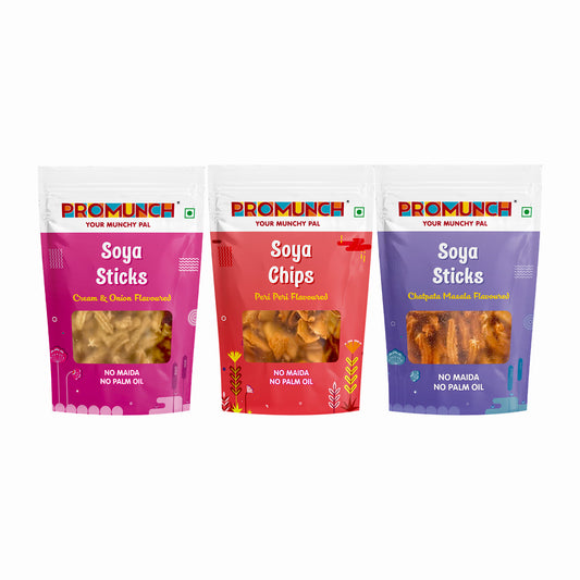 PROMUNCH Combo Pack - Soya Sticks (Chatpata Masala , Cream Onion) + Soya Chips (Peri Peri) - 120g Each