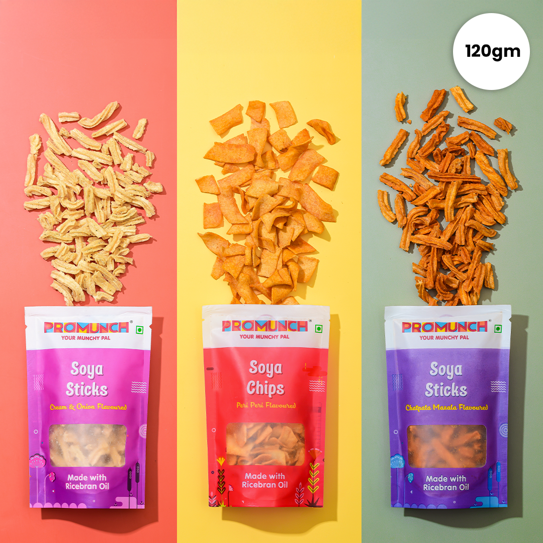 PROMUNCH Combo Pack - Soya Sticks (Chatpata Masala , Cream Onion) + Soya Chips (Peri Peri) - 120g Each