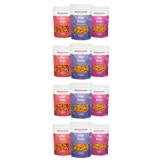 PROMUNCH Combo Pack - Soya Sticks (Chatpata Masala-4 , Cream Onion -4) + Soya Chips (Peri Peri-4) - Pack  of 12; 30g Each