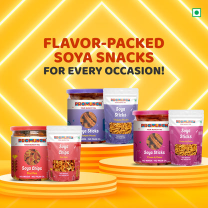 PROMUNCH Soya Snack Combo - Three Bold Flavors: Chatpata Masala, Cheese & Onion, Peri Peri, High Protein soya stick and soya chips