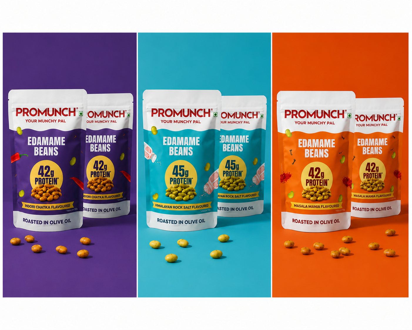PROMUNCH Roasted Edamame Beans Pack of 2 | Himalayan Rock Salt, Indori Chatka & Masala Mania
