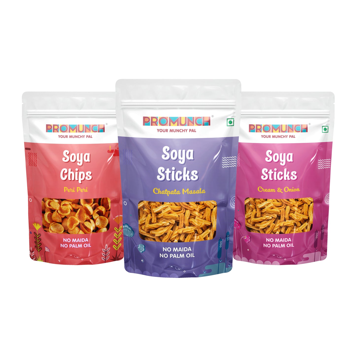 PROMUNCH Combo Pack - Soya Sticks (Chatpata Masala , Cream Onion) + Soya Chips (Peri Peri) - 120g Each
