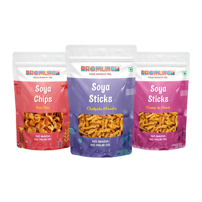 PROMUNCH Combo Pack - Soya Sticks (Chatpata Masala , Cream Onion) + Soya Chips (Peri Peri) - 120g Each
