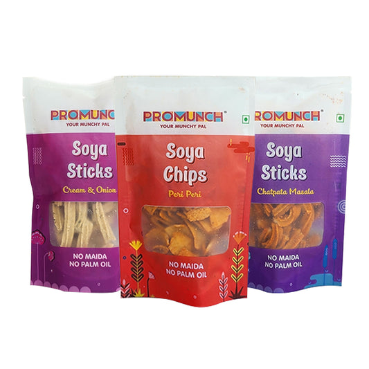 PROMUNCH Combo Pack - Soya Sticks (Chatpata Masala , Cream Onion) + Soya Chips (Peri Peri) - 30g Each