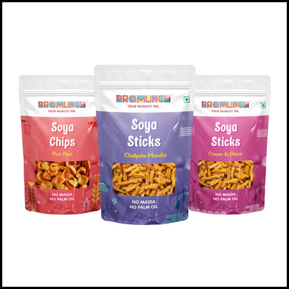 PROMUNCH Combo Pack - Soya Sticks (Chatpata Masala , Cream Onion) + Soya Chips (Peri Peri) - 30g Each