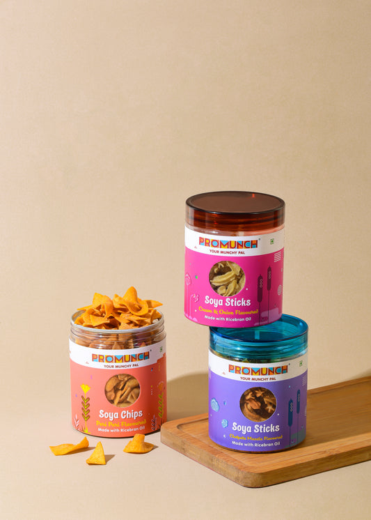 PROMUNCH Combo Pack - Soya Sticks (Chatpata Masala , Cream Onion) + Soya Chips (Peri Peri) - 100gm x 3