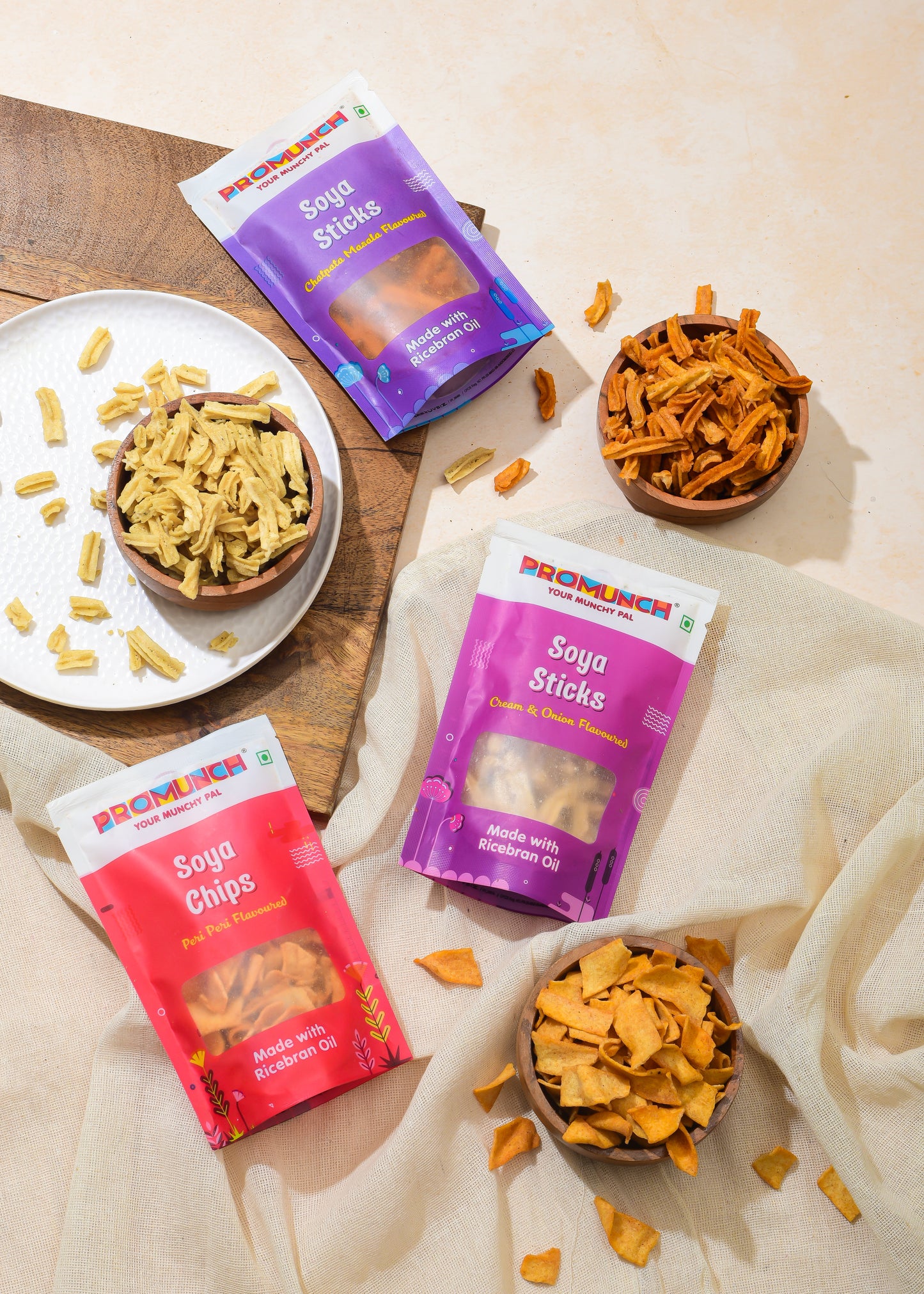 PROMUNCH Combo Pack - Soya Sticks (Chatpata Masala , Cream Onion) + Soya Chips (Peri Peri) - 120g Each