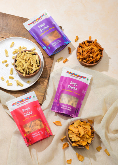 PROMUNCH Combo Pack - Soya Sticks (Chatpata Masala , Cream Onion) + Soya Chips (Peri Peri) - 30g Each