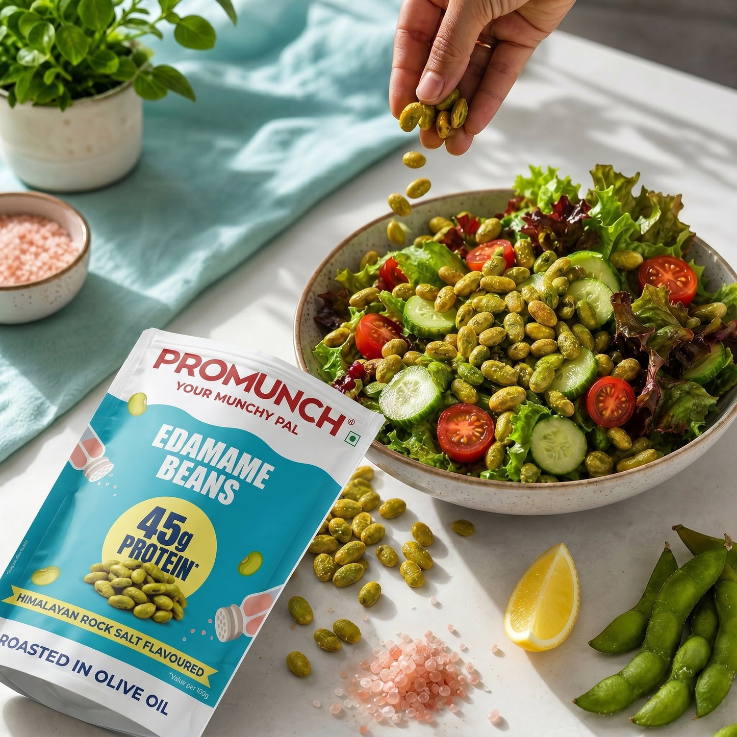 PROMUNCH Roasted Edamame Beans - Himalayan Rock Salt | 45g High Protein Snack | No Added Sugar | Rich in Fiber | Roasted in Olive Oil | Gluten Free