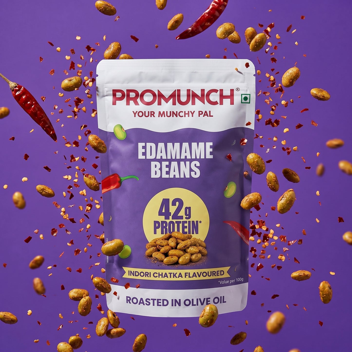 PROMUNCH Roasted Edamame Beans - Indori Chatka | 42g High Protein Snack | No Added Sugar | Rich in Fiber | Roasted in Olive Oil | Crunchy & Low in Fat