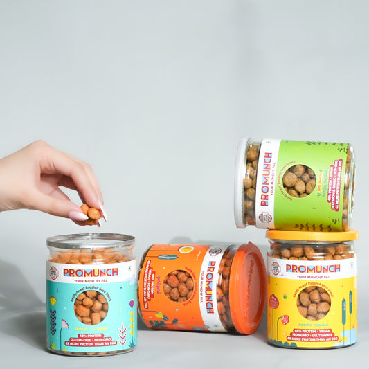 Noodle Masala Soya Snack - High Protein, Oil-Free Crunch Peri Peri Soya Snack - Spicy, Protein-Packed and Healthy Tangy Pudina Soya Snack - Refreshing, Crunch	Chees & Onion Soya Snack - Savory,  and Crunchy