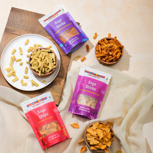 PROMUNCH Combo Pack - Soya Sticks (Chatpata Masala , Cream Onion) + Soya Chips (Peri Peri) - 30g Each