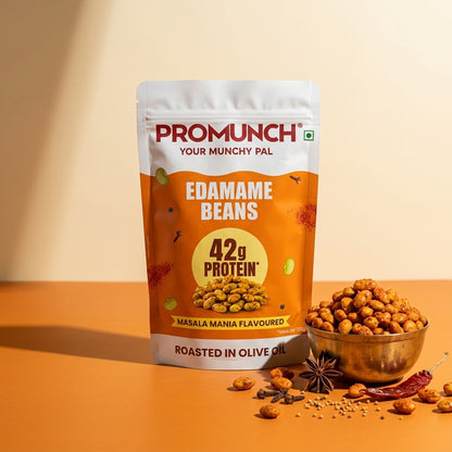 PROMUNCH Roasted Edamame Beans - Masala Mania | 42g High Protein Snack | No Added Sugar | Rich in Fiber | Roasted in Olive Oil | Crunchy & Low in Fat
