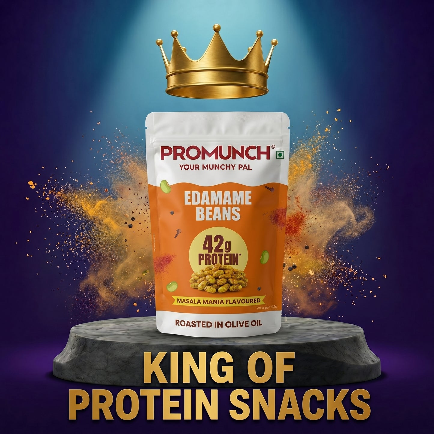 PROMUNCH Roasted Edamame Beans - Masala Mania | 42g High Protein Snack | No Added Sugar | Rich in Fiber | Roasted in Olive Oil | Crunchy & Low in Fat