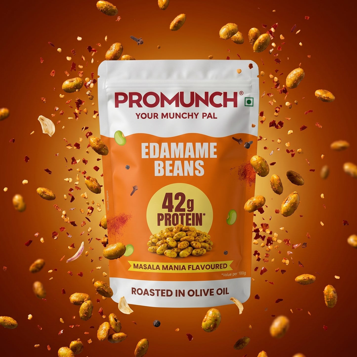 PROMUNCH Roasted Edamame Beans - Masala Mania | 42g High Protein Snack | No Added Sugar | Rich in Fiber | Roasted in Olive Oil | Crunchy & Low in Fat