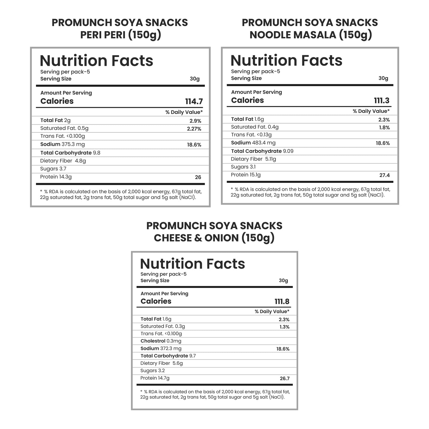 Variety Pack Protein Snacks (Cheese & Onion, Peri Peri, Noodle Masala)-150gm x 3