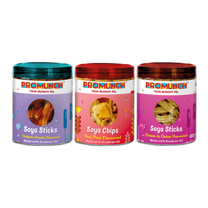 PROMUNCH Combo Pack - Soya Sticks (Chatpata Masala , Cream Onion) + Soya Chips (Peri Peri) - 100gm x 3