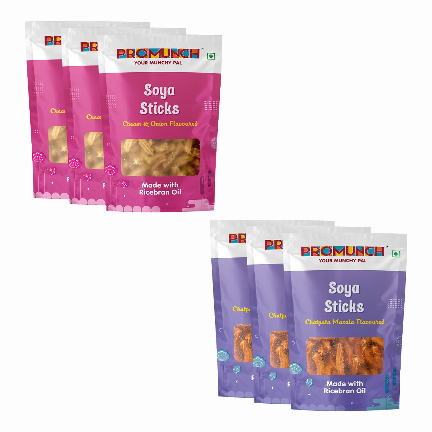 PROMUNCH Combo Pack - Soya Sticks (Chatpata Masala - 3 , Cream Onion - 3) - Pack  of 6; 30g Each