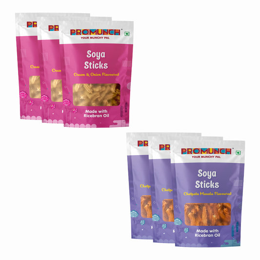 PROMUNCH Combo Pack - Soya Sticks (Chatpata Masala - 3 , Cream Onion - 3) - Pack  of 6; 30g Each