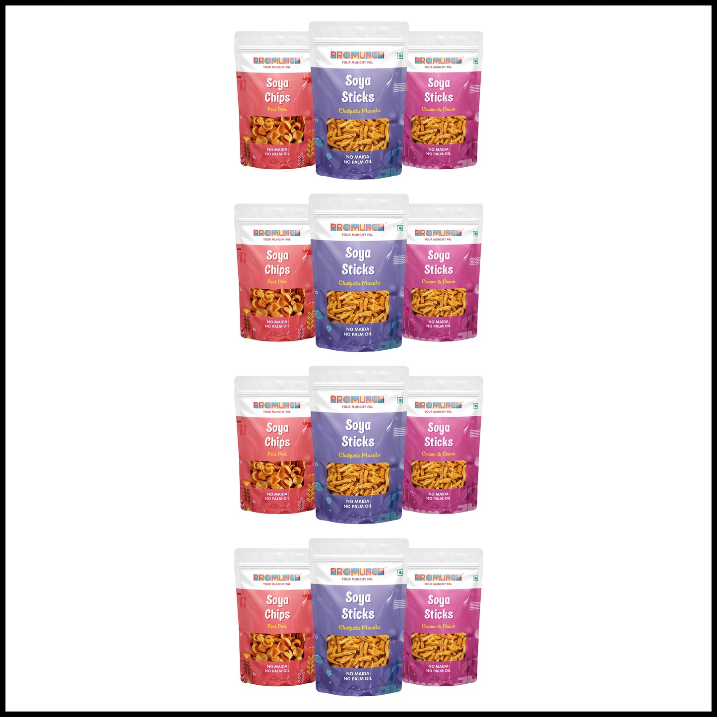 PROMUNCH Combo Pack - Soya Sticks (Chatpata Masala , Cream Onion) + Soya Chips (Peri Peri) - 120g Each