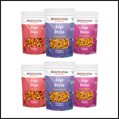 PROMUNCH Combo Pack - Soya Sticks (Chatpata Masala , Cream Onion) + Soya Chips (Peri Peri) - 120g Each