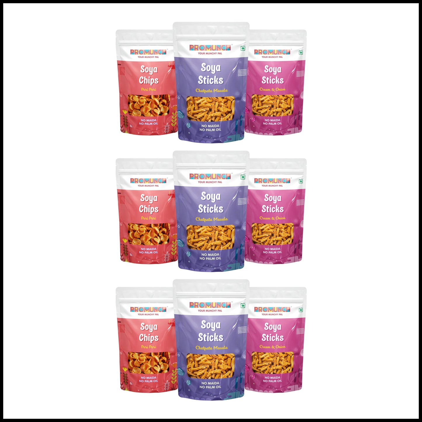 PROMUNCH Combo Pack - Soya Sticks (Chatpata Masala , Cream Onion) + Soya Chips (Peri Peri) - 120g Each