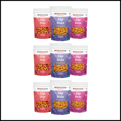 PROMUNCH Combo Pack - Soya Sticks (Chatpata Masala , Cream Onion) + Soya Chips (Peri Peri) - 120g Each