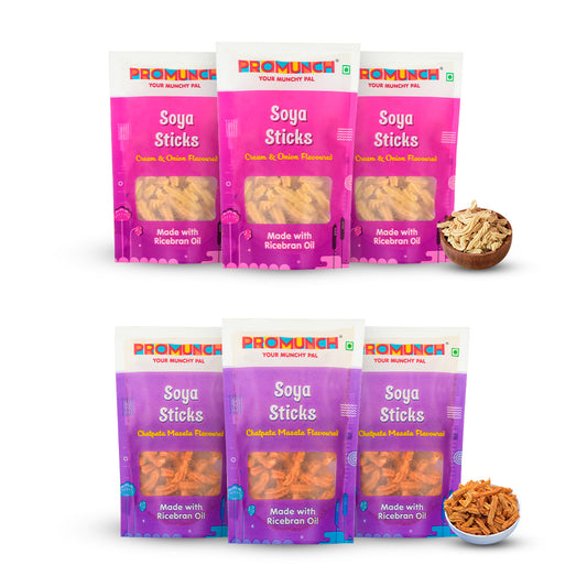 PROMUNCH Combo Pack - Soya Sticks (Chatpata Masala - 3 , Cream Onion - 3) - 30gm x 6
