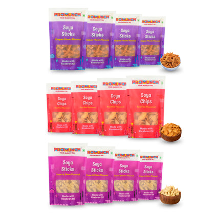 PROMUNCH Combo Pack - Soya Sticks (Chatpata Masala-4 , Cream Onion -4) + Soya Chips (Peri Peri-4) - 30gm x 12