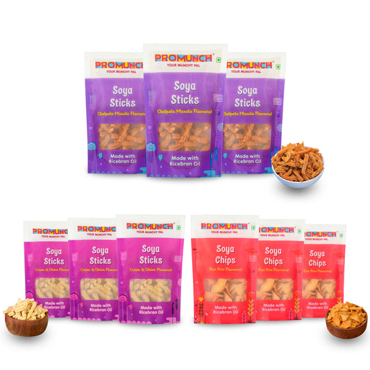 PROMUNCH Combo Pack - Soya Sticks (Chatpata Masala-3 , Cream Onion - 3) + Soya Chips (Peri Peri-3 ) - 30gm x 9