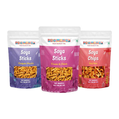 PROMUNCH Combo Pack - Soya Sticks (Chatpata Masala , Cream Onion) + Soya Chips (Peri Peri) - 30g Each