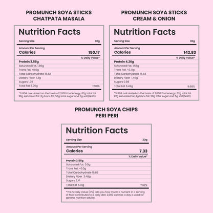 PROMUNCH Combo Pack - Soya Sticks (Chatpata Masala , Cream Onion) + Soya Chips (Peri Peri) - 100gm x 3