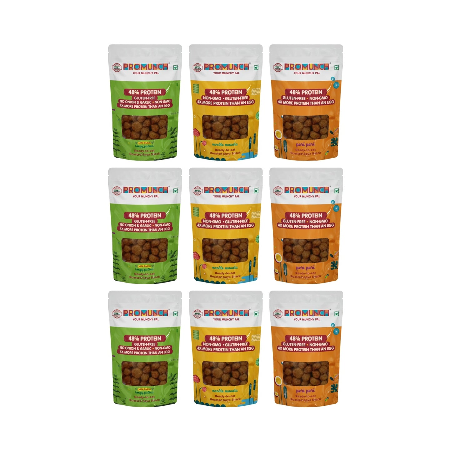 PROMUNCH Travel Combo Pack (Tangy Pudina x 3 ,Peri Peri x 3,Noodle Masala x 3) 30gm x 9