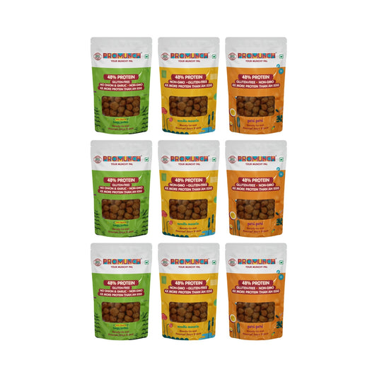 PROMUNCH Travel Combo Pack (Tangy Pudina x 3 ,Peri Peri x 3,Noodle Masala x 3) 30gm x 9