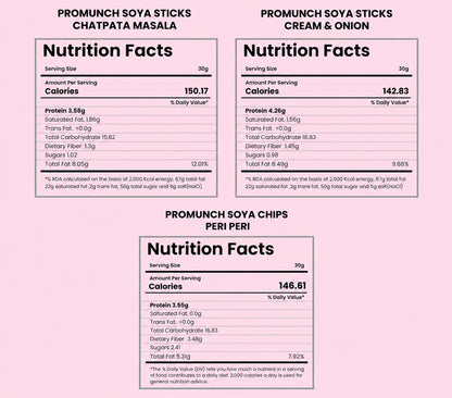 PROMUNCH Combo Pack - Soya Sticks (Chatpata Masala , Cream Onion) + Soya Chips (Peri Peri) - 100gm x 3