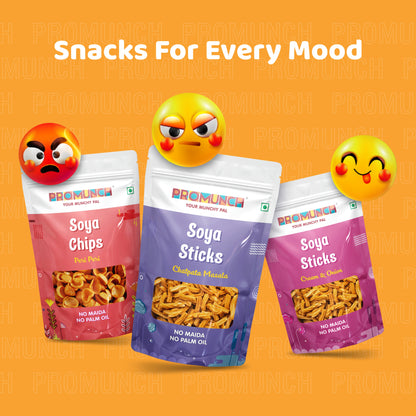 snack packs—Soya Chips Peri Peri, Soya Sticks Chatpata Masala, and Soya Sticks Cream & Onion—displayed with emojis representing different moods, under the tagline 'Snacks For Every Mood' against an orange background